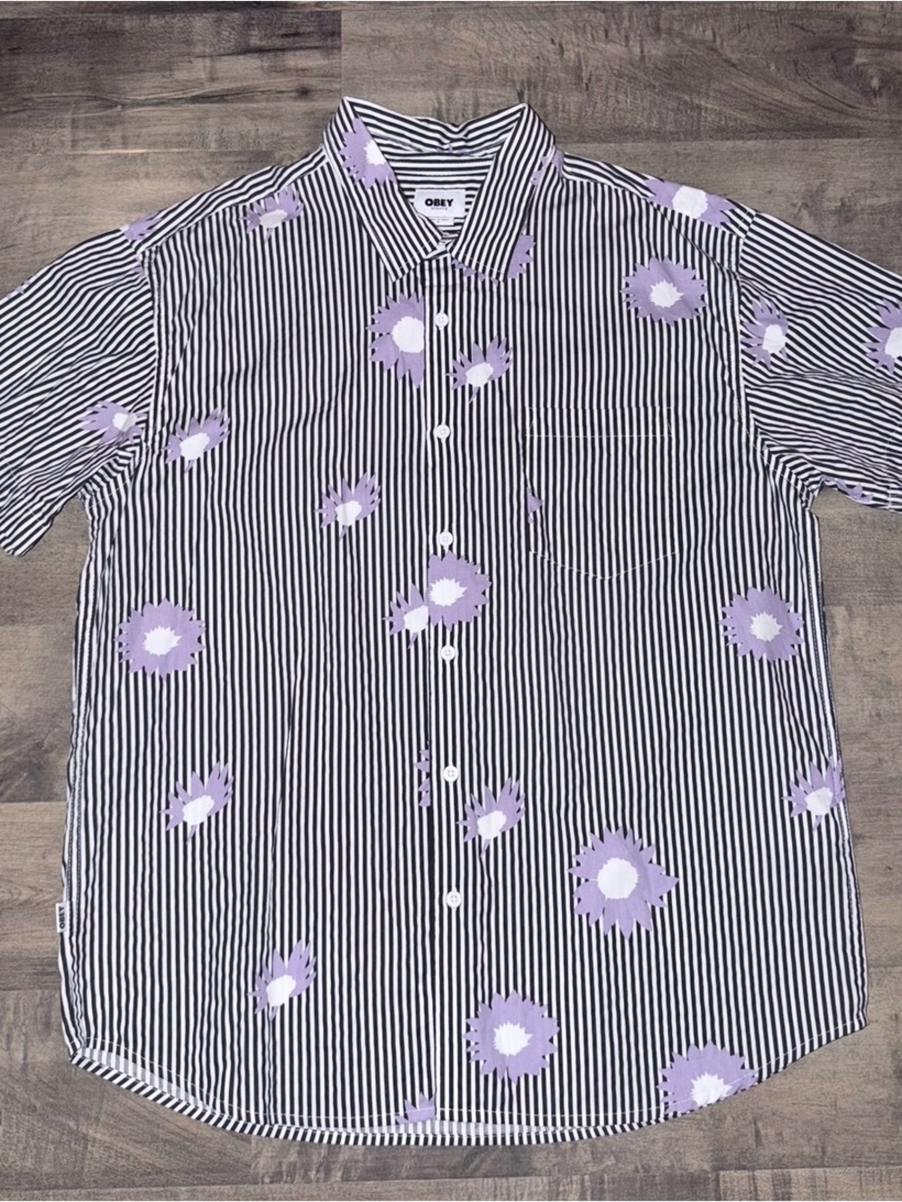 Obey Black & White Striped Short Sleeve Shirt with Lavender Floral Print